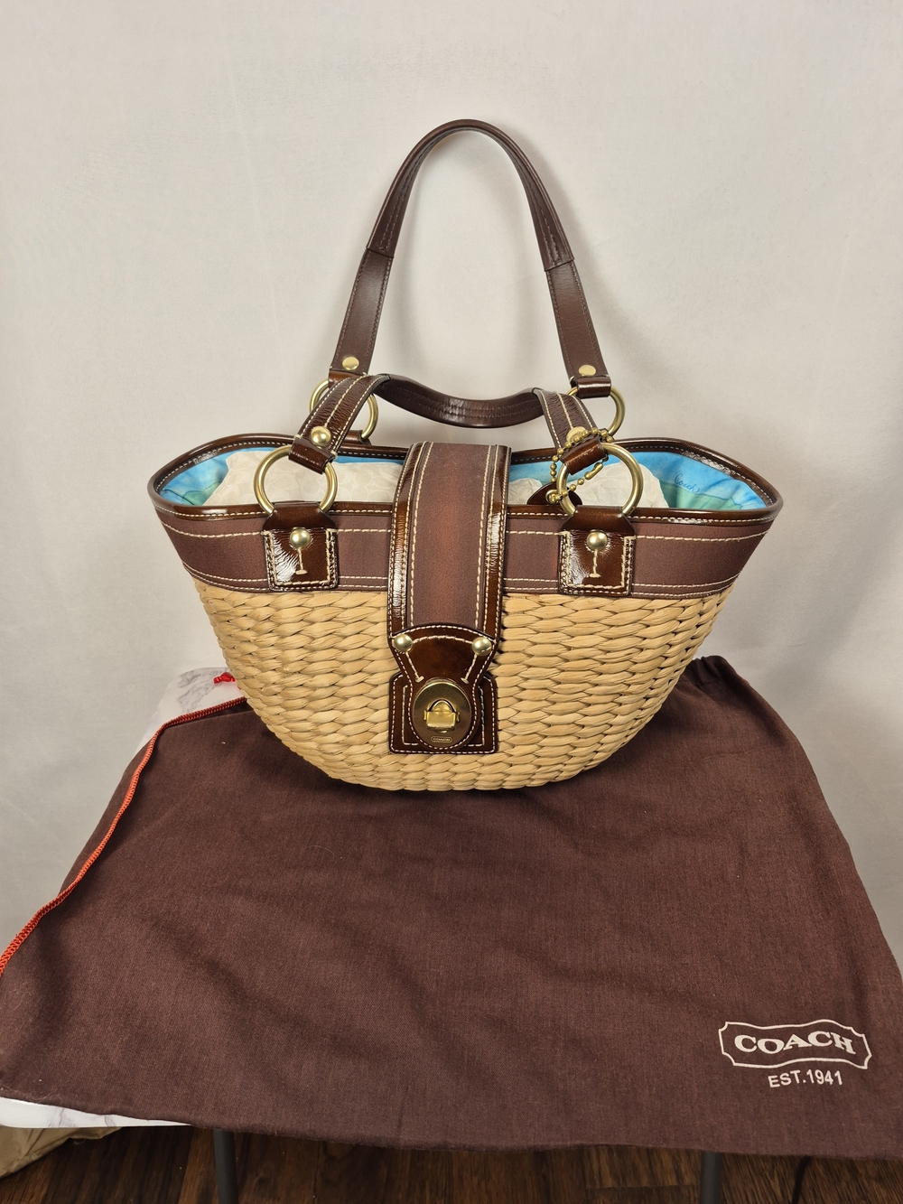 Vtg Coach Brown Leather-Trim Woven Straw Basket Tote with Blue Lining